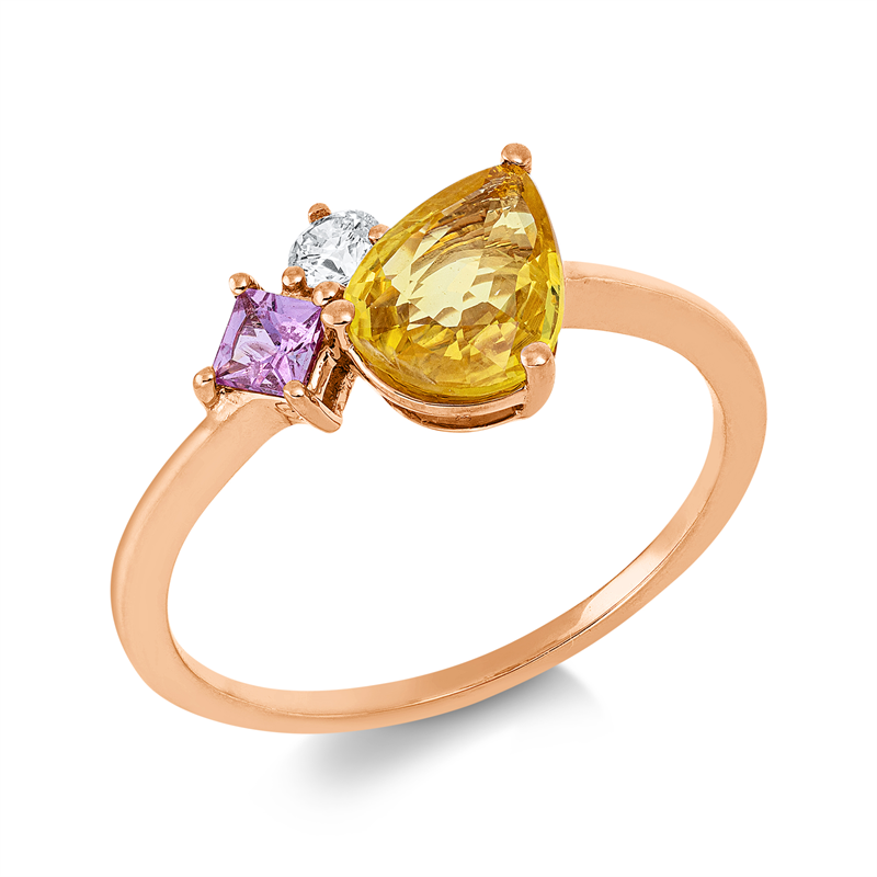 Ring 18 kt RG, 1 Brill. 0,09 ct, TW-si, 1 Saphir 1,01 ct gelb, 1 Saphir 0,14 ct pink