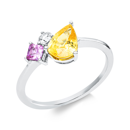 Ring 18 kt WG, 1 Brill. 0,09 ct, TW-si, 1 Saphir 1,28 ct gelb, 1 Saphir 0,20 ct pink
