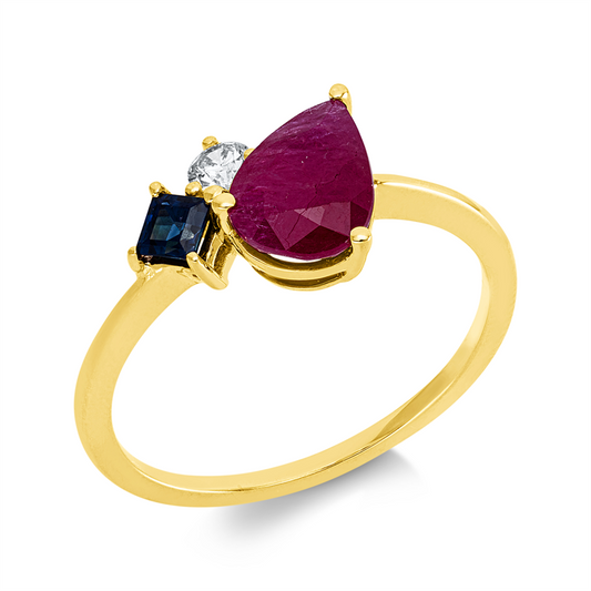 Ring 18 kt GG, 1 Brill. 0,10 ct, TW-si, 1 Rubin 1,59 ct rot, 1 Saphir 0,18 ct blau