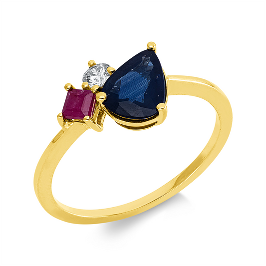 Ring 18 kt GG, 1 Brill. 0,10 ct, TW-si, 1 Saphir 0,92 ct blau, 1 Rubin 0,23 ct rot