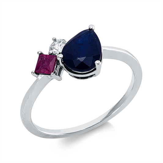 Ring 18 kt WG, 1 Brill. 0,10 ct, TW-si, 1 Saphir 1,48 ct blau, 1 Rubin 0,20 ct rot