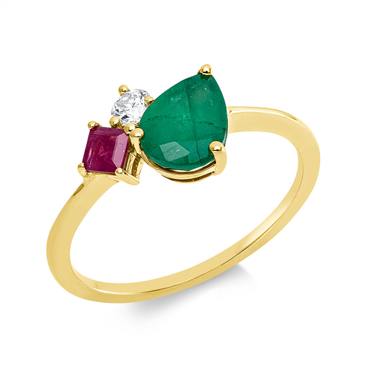 Ring 18 kt GG, 1 Brill. 0,11 ct, TW-si, 1 Smaragd 1,02 ct grün, 1 Rubin 0,18 ct rot