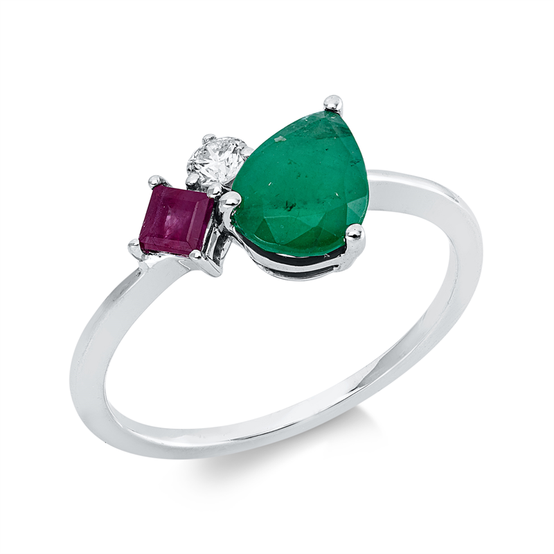 Ring 18 kt WG, 1 Brill. 0,10 ct, TW-si, 1 Smaragd 0,96 ct grün, 1 Rubin 0,21 ct rot