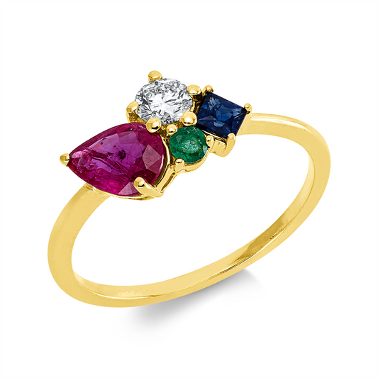 Ring 18 kt GG, 1 Brill. 0,19 ct, TW-si, 1 Saphir 0,18 ct blau, 1 Rubin 0,58 ct rot, 1 Smaragd 0,07 ct grün