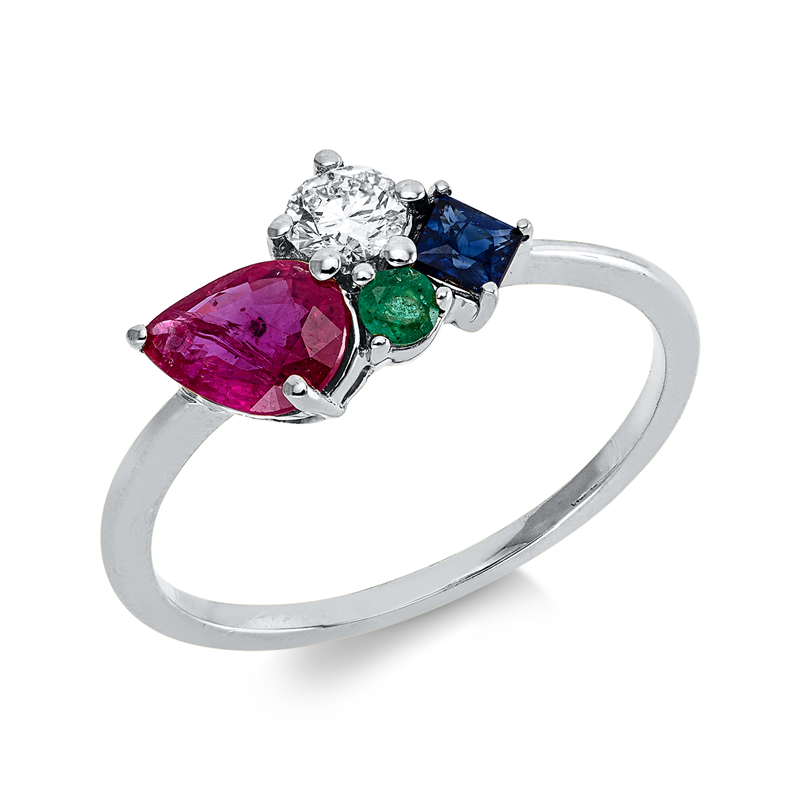Ring 18 kt WG, 1 Brill. 0,20 ct, TW-si, 1 Saphir 0,17 ct blau, 1 Rubin 0,59 ct rot, 1 Smaragd 0,07 ct grün