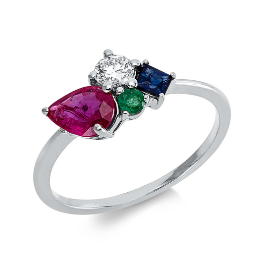 Ring 18 kt WG, 1 Brill. 0,20 ct, TW-si, 1 Saphir 0,17 ct blau, 1 Rubin 0,59 ct rot, 1 Smaragd 0,07 ct grün