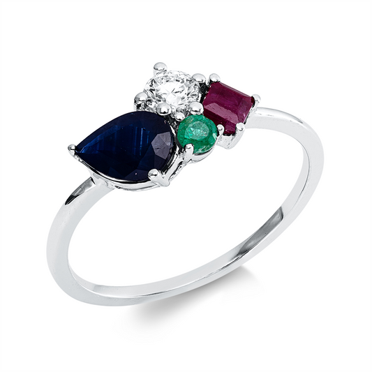 Ring 18 kt WG, 1 Brill. 0,19 ct, TW-si, 1 Rubin 0,27 ct rot, 1 Saphir 0,61 ct blau, 1 Smaragd 0,07 ct grün