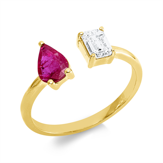 Ring 18 kt GG, 1 Sm.schliff 0,50 ct, TW-si, 1 Rubin 0,47 ct rot