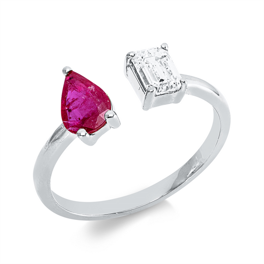 Ring 18 kt WG, 1 Sm.schliff 0,50 ct, TW-si, 1 Rubin 0,85 ct rot