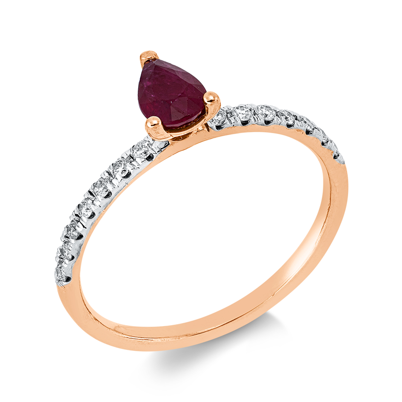 Ring 18 kt RG+WG, 14 Brill. 0,15 ct, F-si, 1 Rubin 0,54 ct rot