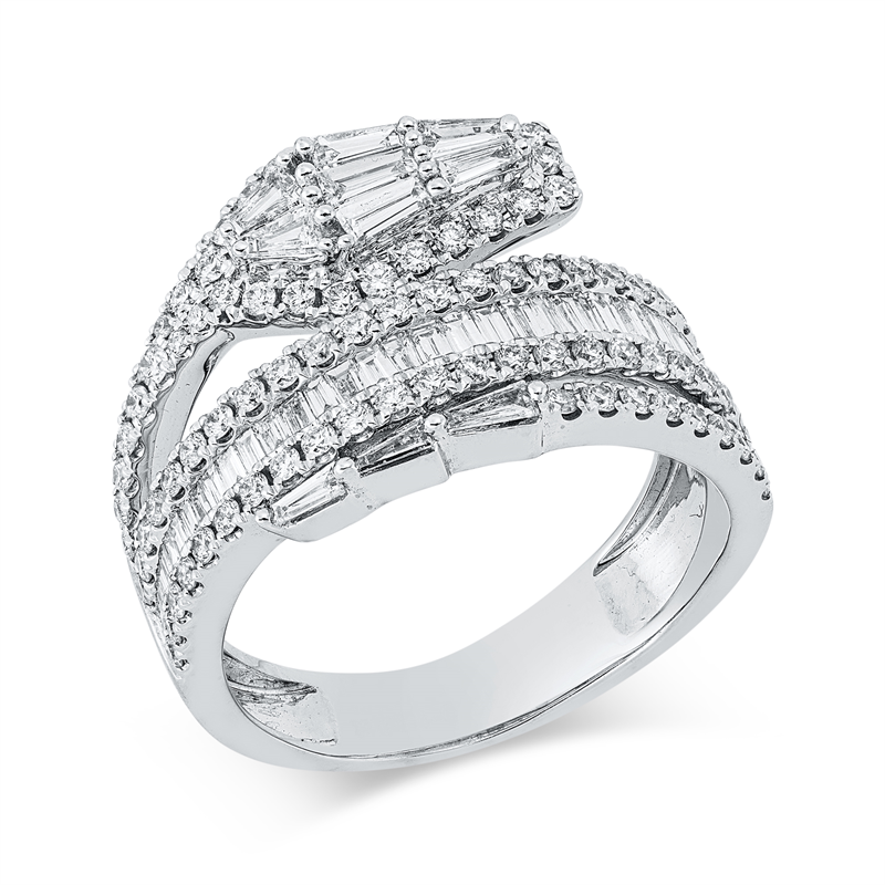Ring 18 kt WG, 10 Trap. 0,49 ct, F-vsi, 31 Bag. 0,20 ct, F-vsi, 86 Brill. 0,63 ct, F-si