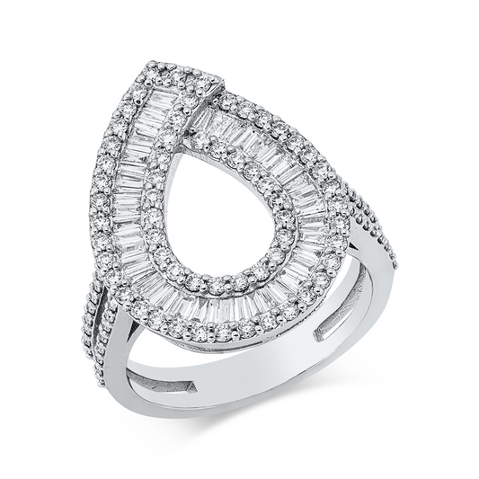 Ring 18 kt WG, 44 Trap. 0,58 ct, F-vsi, 91 Brill. 0,74 ct, F-si
