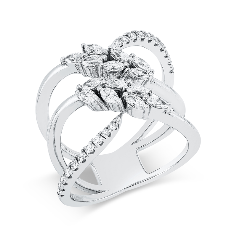 Ring 18 kt WG, 14 Nav. 0,62 ct, F-vsi, 20 Brill. 0,25 ct, F-si