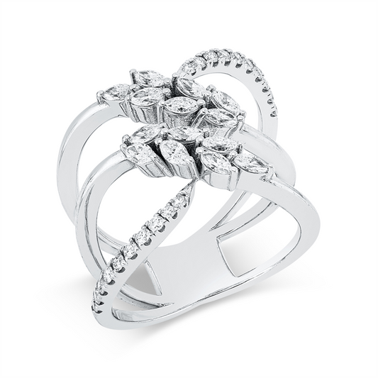 Ring 18 kt WG, 14 Nav. 0,62 ct, F-vsi, 20 Brill. 0,25 ct, F-si