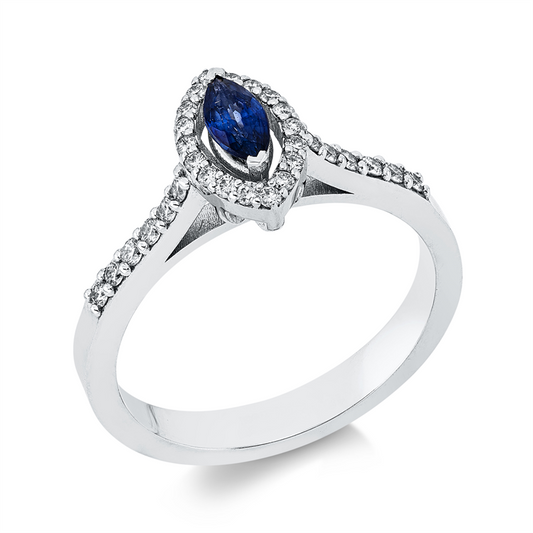 Ring 18 kt WG, 12 Brill. 0,16 ct, F-si, 18 Brill. 0,11 ct, F-si, 1 Saphir 0,29 ct blau