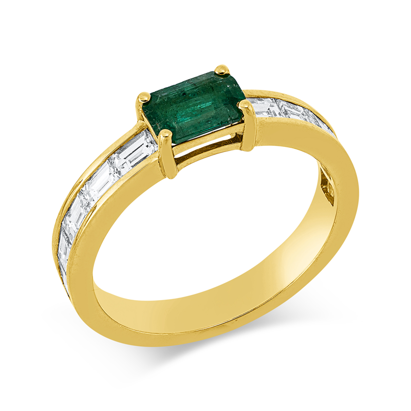 Ring 18 kt GG, 10 Bag. 0,79 ct, F-vsi, 1 Smaragd 0,51 ct grün