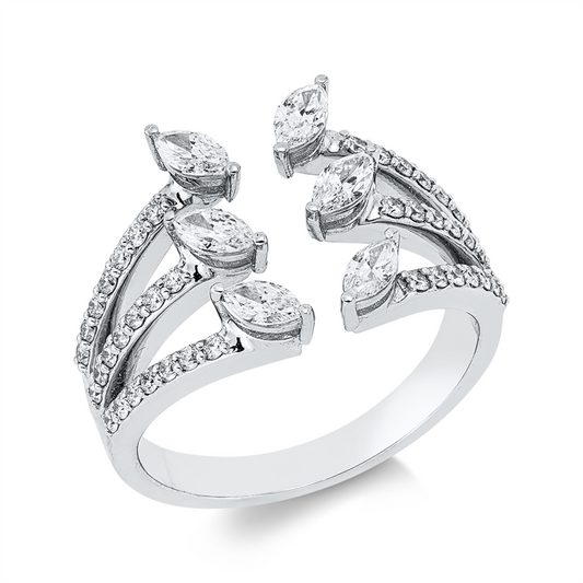 Ring 18 kt WG, 6 Nav. 0,58 ct, F-vsi, 42 Brill. 0,41 ct, F-si