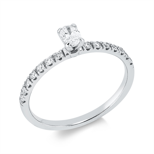 Ring 18 kt WG, 1 Oval 0,17 ct, F-vsi, 14 Brill. 0,17 ct, F-si