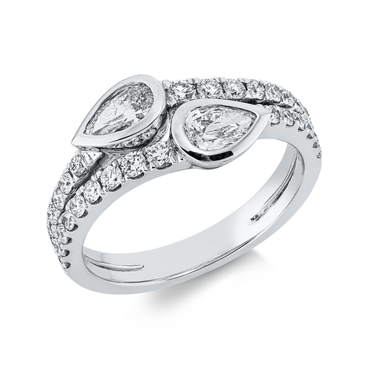 Ring 18 kt WG, 2 Tropfen 0,60 ct, TW-vsi, 30 Brill. 0,53 ct, TW-vsi