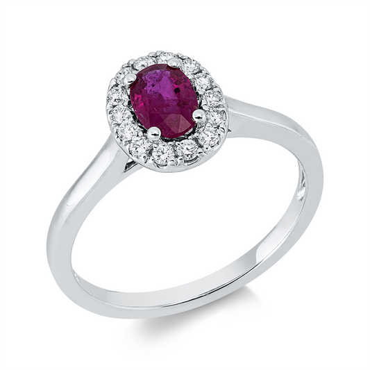 Ring 18 kt WG, 14 Brill. 0,16 ct, TW-vsi/si, 1 Rubin 0,58 ct rot