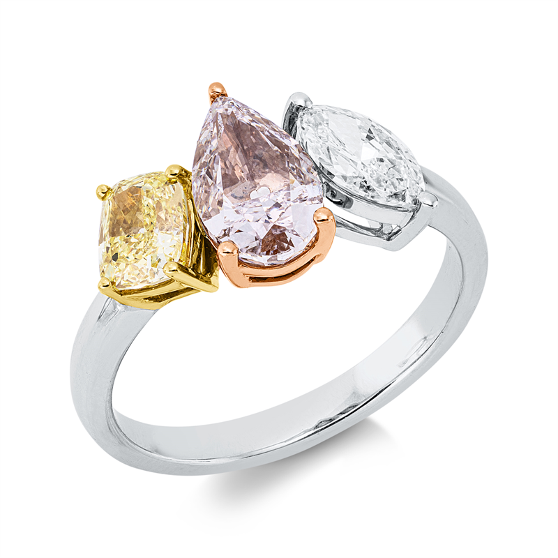 Ring 18 kt, GIAx3 pcs, 1 Cushion 0,64ct, gelb-vvs2, 1 Nav.0,51ct, TW-si1, 1 Tropfen 1,35 ct, pink-vs1