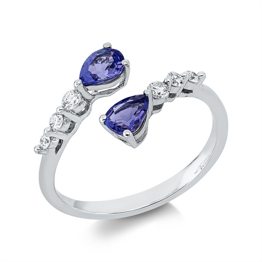 Ring 14 kt WG, 6 Brill. 0,16 ct, TW-si, 2 Tansanit 0,56 ct blau