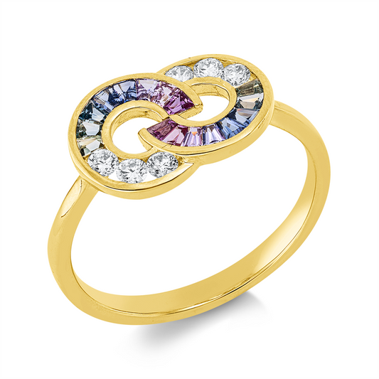 Ring 14 kt GG, 6 Brill. 0,18 ct, TW-si, 16 Saphire 0,36 ct multicolor