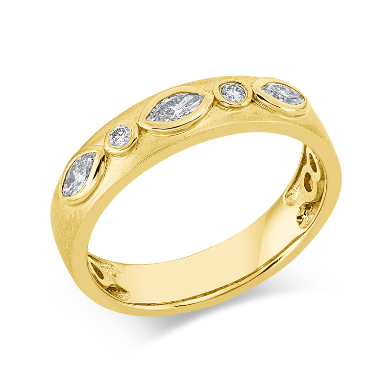 Ring 14 kt GG, mattiert, 3 Nav. 0,25 ct, TW-si, 2 Brill. 0,04 ct, TW-si