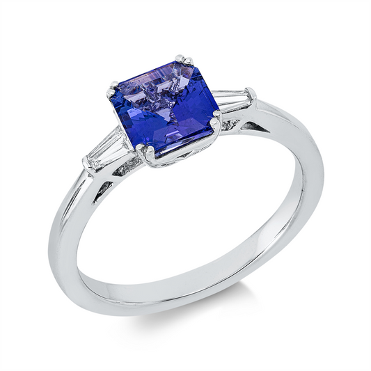 Ring 18 kt WG, 4 Trap. 0,10 ct, TW-si, 1 Tansanit 1,25 ct blau