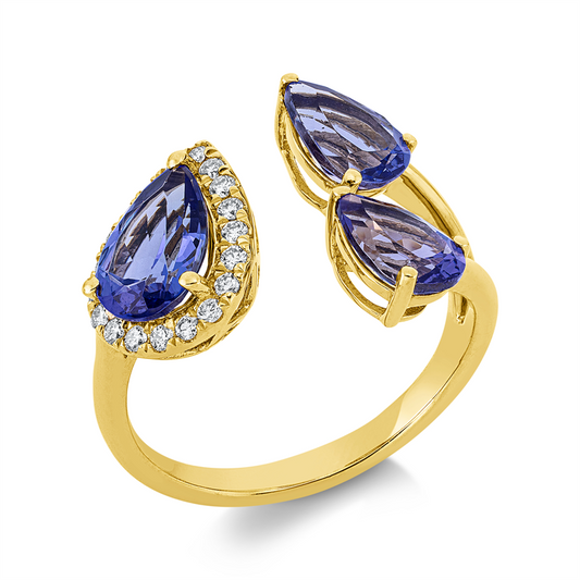 Ring 18 kt GG, 19 Brill. 0,16 ct, TW-si, 1 Tansanit 1,02 ct blau, 2 Tansanit 1,53 ct blau