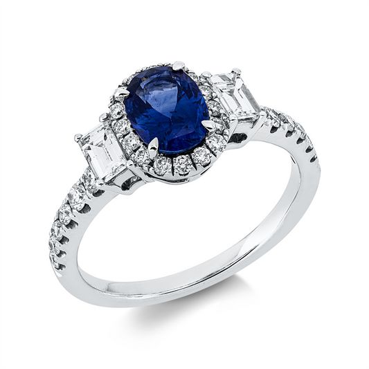 Ring 18 kt WG, 2 Bag. 0,32 ct, TW-si, 28 Brill. 0,38 ct, TW-si, 1 Saphir 1,10 ct blau