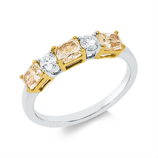 Ring 18 kt WG+GG, 2 Brill. 0,22 ct, TW-si, 3 Radiant 1,02 ct, gelb