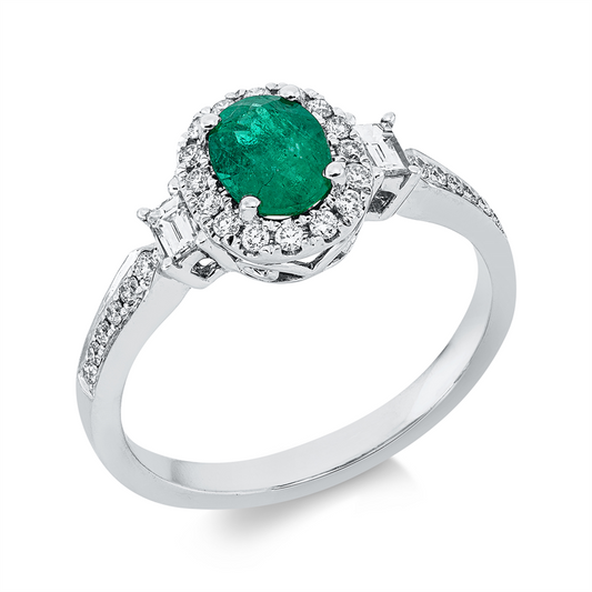 Ring 18 kt WG, 2 Bag. 0,14 ct, TW-si, 28 Brill. 0,20 ct, TW-si, 1 Smaragd 0,67 ct grün