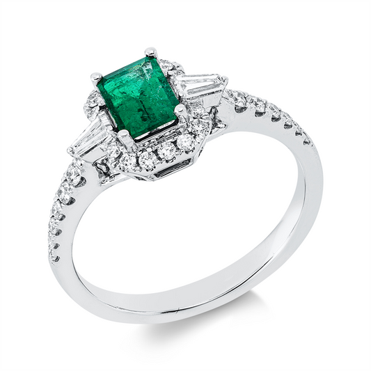 Ring 18 kt WG, 2 Trap. 0,15 ct, TW-si, 26 Brill. 0,26 ct, TW-si, 1 Smaragd 0,58 ct grün