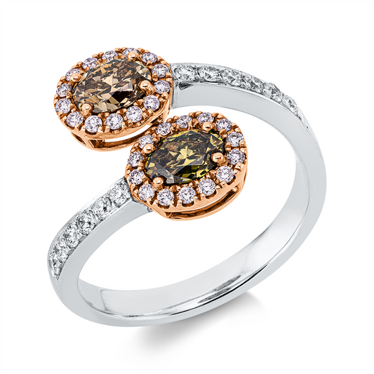 Ring 18 kt WG+RG, 12 Brill. 0,23 ct, TW-si, 2 Oval 0,75 ct, braun, 28 Brill. 0,18 ct, pink