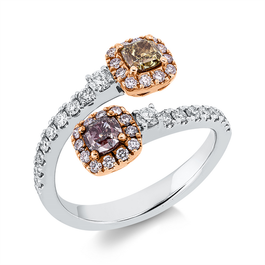 Ring 18 kt WG+GG+RG, 18 Brill. 0,36 ct, TW-si, 2 Cushion 0,79 ct, fancy, 25 Brill. 0,21 ct, pink