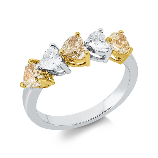 Ring 18 kt WG+GG, 2 Herzschl. 0,54 ct, TW-si, 3 Herzschl. 1,30 ct, gelb