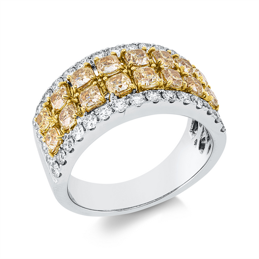 Ring 18 kt WG+GG, 36 Brill. 0,91 ct, TW-si, 16 Cushion 2,12 ct, gelb