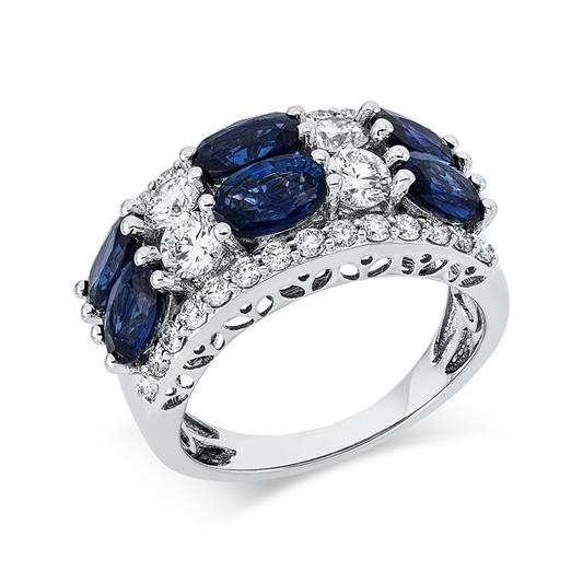 Ring 18 kt WG, 32 Brill. 1,17 ct, TW-si, 6 Saphire 3,46 ct blau