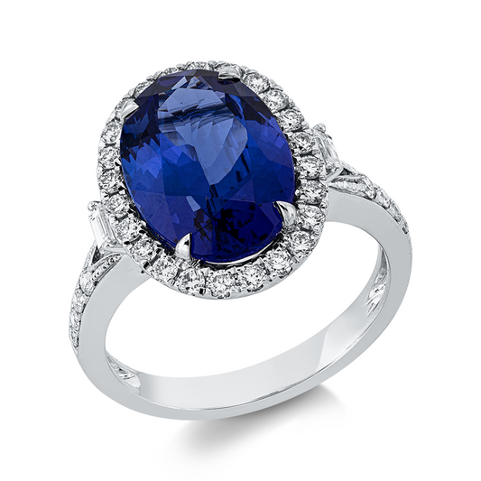 Ring 18 kt WG, 2 Bag. 0,09 ct, TW-si, 32 Brill. 0,47 ct, TW-si, 1 Tansanit 5,12 ct blau