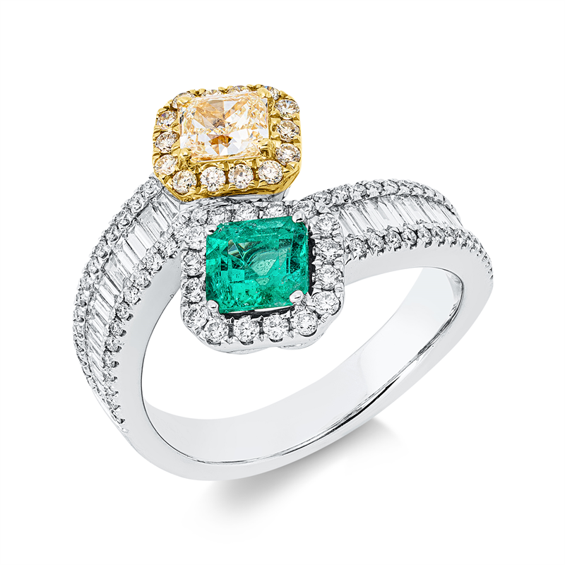 Ring 18 kt, 97 Fant-Schl 0,76 ct, TW-si, 1 Cu 0,50 ct, gelb, 14 Brill.0,12ct, gelb, 1 Sm0,58ct grün