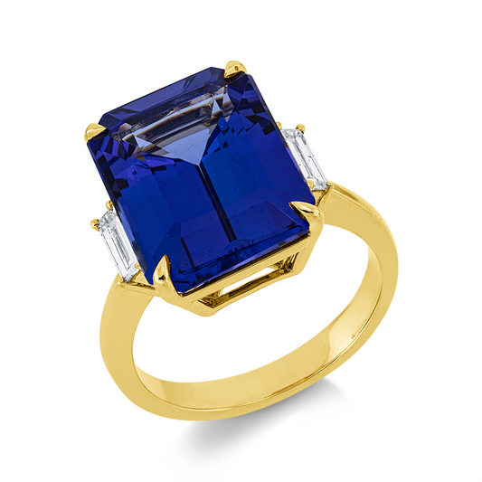 Ring 18 kt GG, 2 Bag. 0,26 ct, TW-si, 1 Tansanit 10,12 ct blau