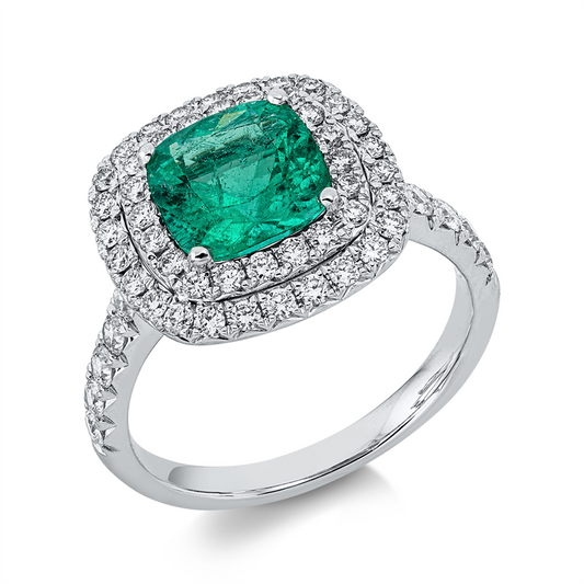 Ring 18 kt WG, 56 Brill. 0,88 ct, TW-si, 1 Smaragd 1,80 ct grün