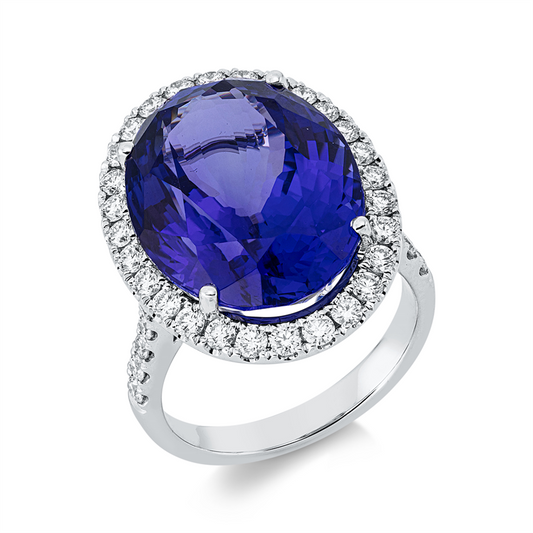 Ring 18 kt WG, 42 Brill. 0,93 ct, TW-si, 1 Tansanit 16,75 ct blau