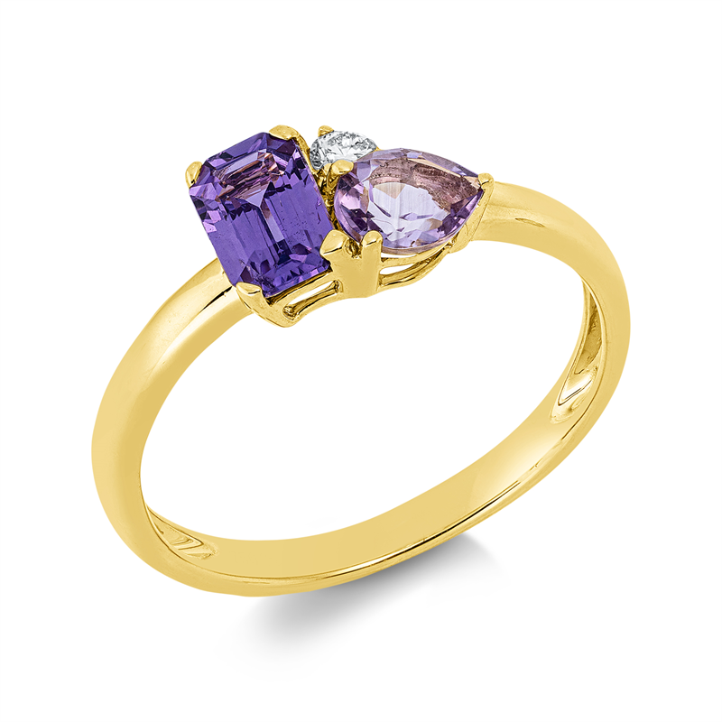 Ring 18 kt GG, 1 Brill. 0,05 ct, TW-si, 1 Saphir 0,60 ct lila, 1 Amethyst 0,30 ct lila