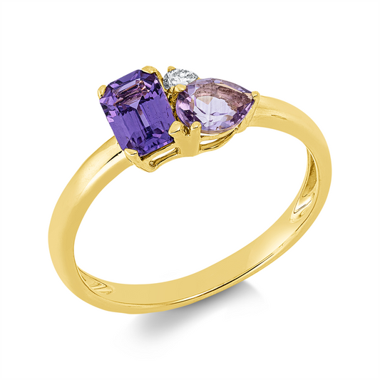 Ring 18 kt GG, 1 Brill. 0,05 ct, TW-si, 1 Saphir 0,60 ct lila, 1 Amethyst 0,30 ct pink
