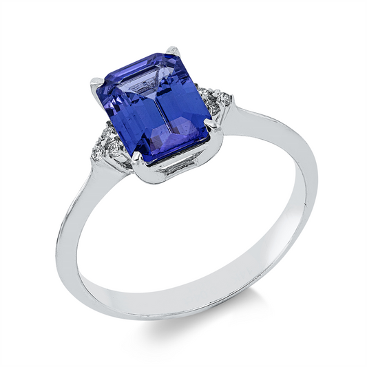 Ring 14 kt WG, 6 Brill. 0,04 ct, F-si, 1 Tansanit 1,46 ct blau