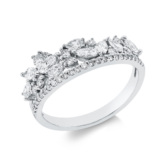 Ring 18 kt WG, 9 Brill. 0,13 ct, F-si, 4 Nav. 0,22 ct, F-vsi, 6 Tropfen 0,28 ct, F-vsi, 28 Brill. 0,14 ct, F-si