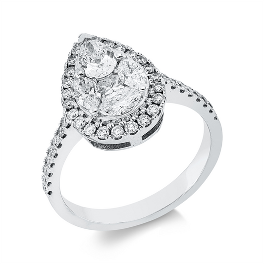 Ring 18 kt WG, 1 Tropfen 0,09 ct, 3 Nav. 0,41 ct, 1 Princ. 0,32 ct, F-vsi, 40 Brill. 0,44 ct, F-si