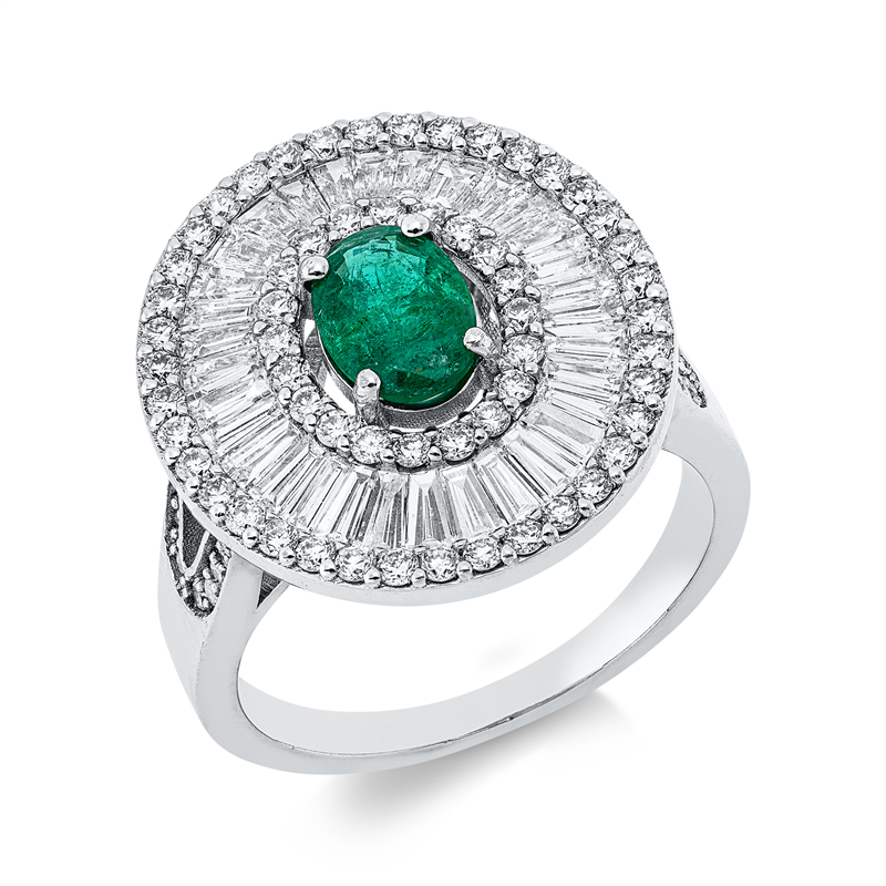 Ring 18ktWG, 58 Brill.0,59 ct, F-si, 30 Trap.0,98 ct, F-vsi, 24 Brill.0,14 ct, F-si, 1 Smaragd 0,72 ct grün